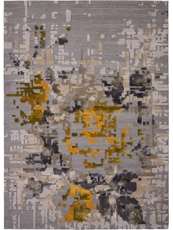 Abstract patterned rug with gray, brown, and yellow colors on a white background thumbnail_1