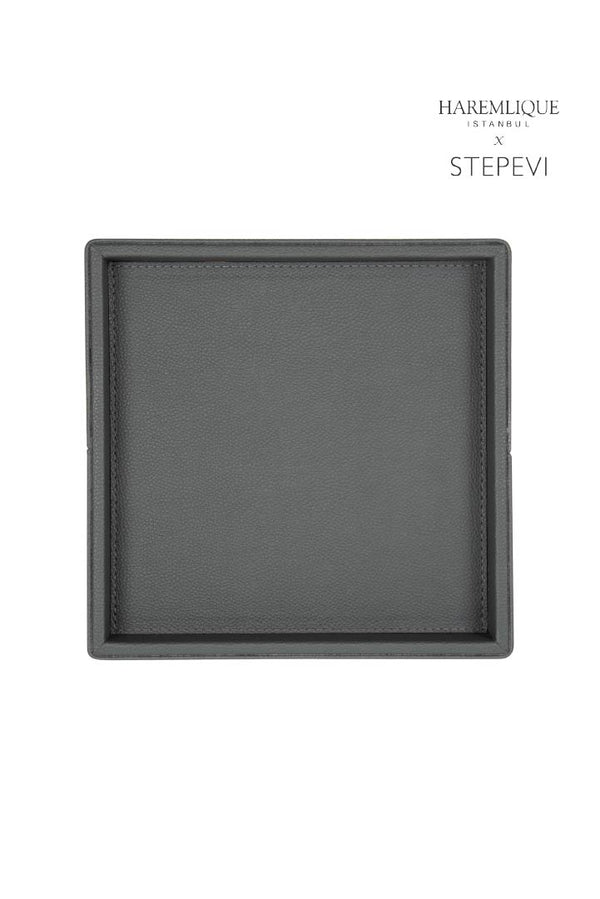 Small Square Faux Leather Tray | Gray