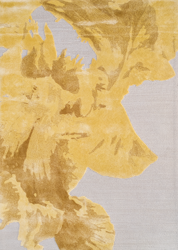 Close-up of the Liz rug in yellow, showcasing its floral pattern and texture. Luxurious decor accent. thumbnail_1