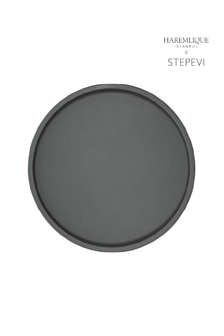 Large Round Faux Leather Tray – Gray