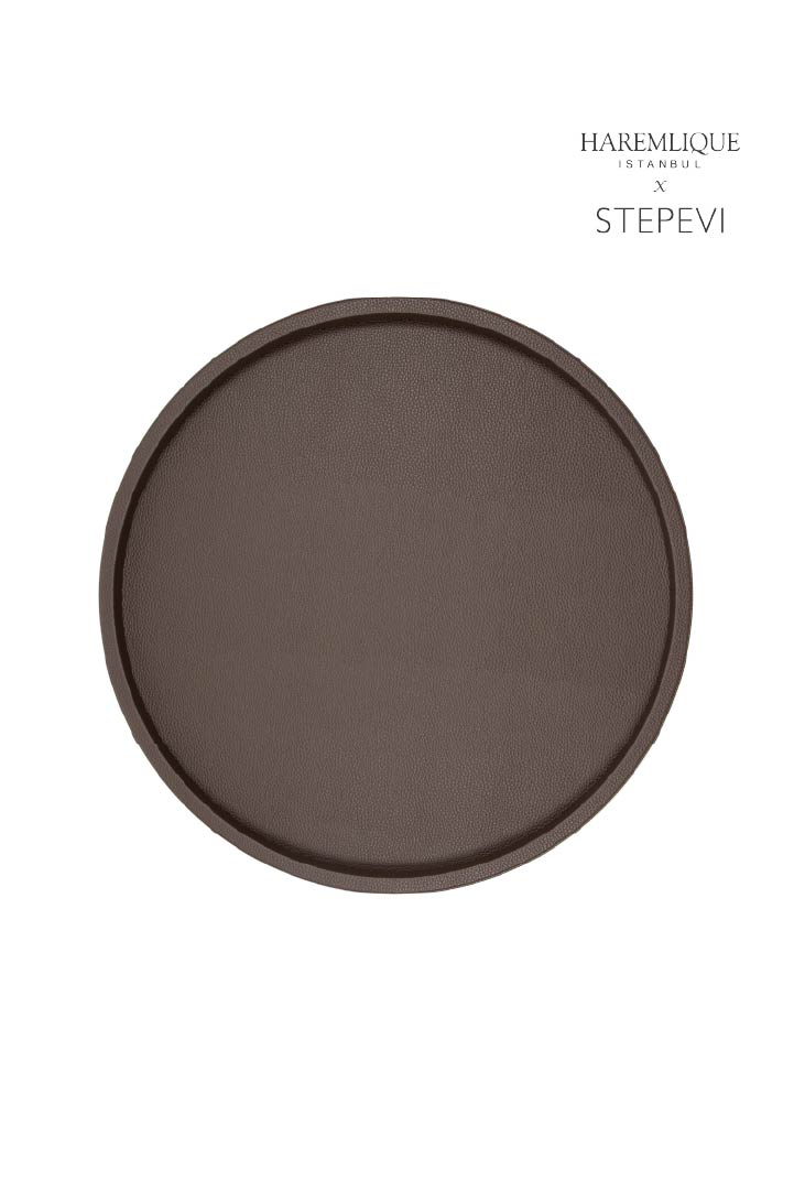 Large Round Faux Leather Tray – Dark Brown