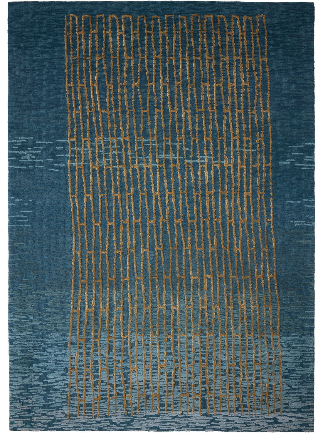 Blue rug with gold geometric pattern on a white background thumbnail_1