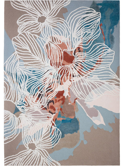 Floral patterned rug with white flowers on a brown and blue background thumbnail_1