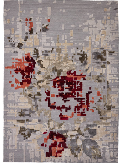 Abstract area rug featuring a modern pixelated rose design in warm red, gray, and beige tones. thumbnail_1