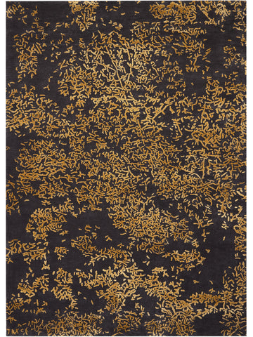 Detalle de una alfombra abstracta: una elegante alfombra en gris titanio con un exclusivo motivo en forma de flor en tono dorado oscuro, que destaca la textura. thumbnail_1