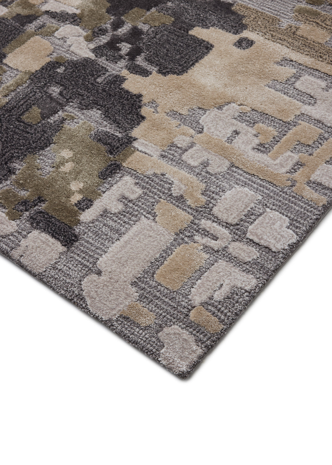 Abstract patterned rug with gray, brown, and yellow colors on a white background thumbnail_1