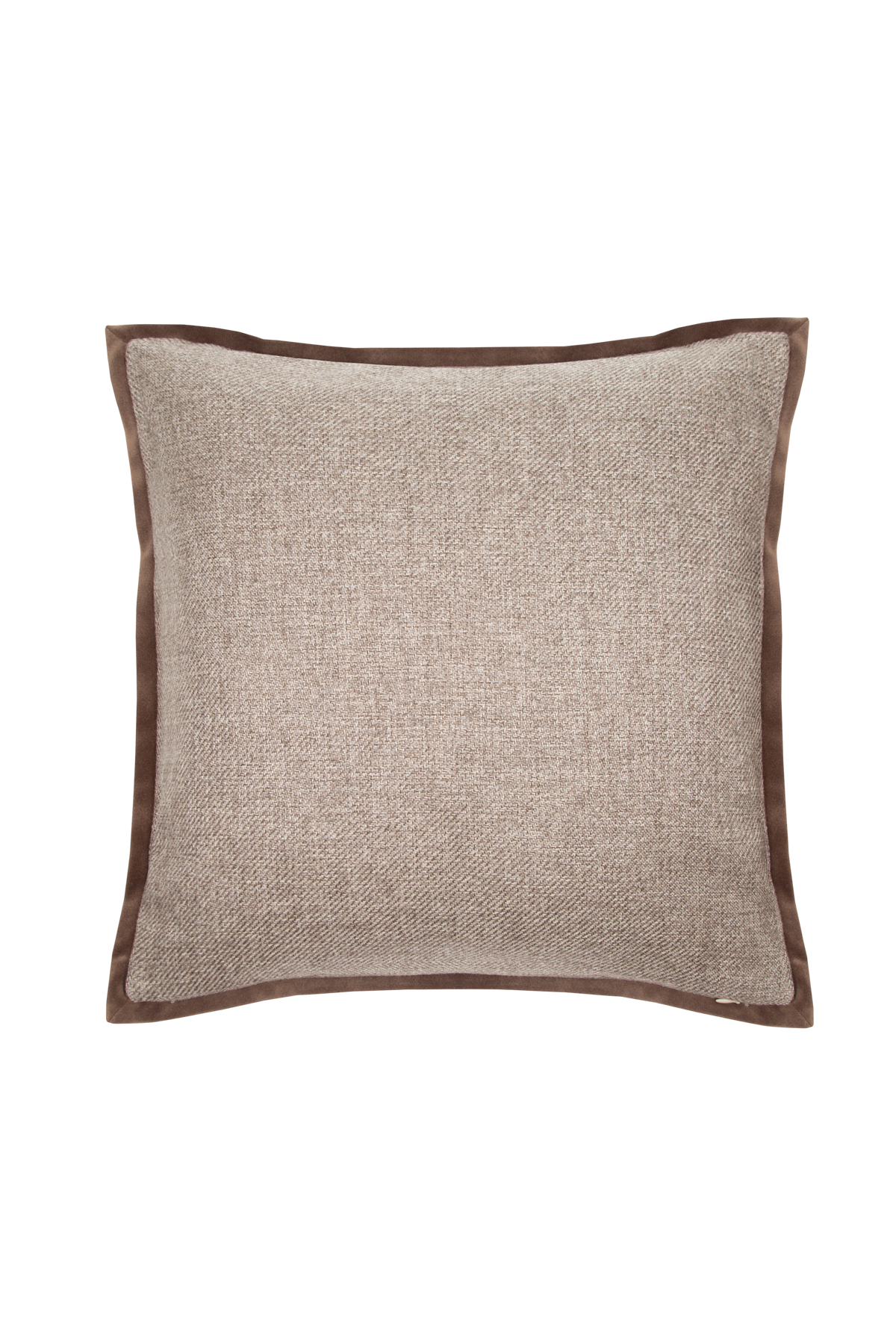 Brown woven cushion with velvet piping detail, showcasing premium home decor.