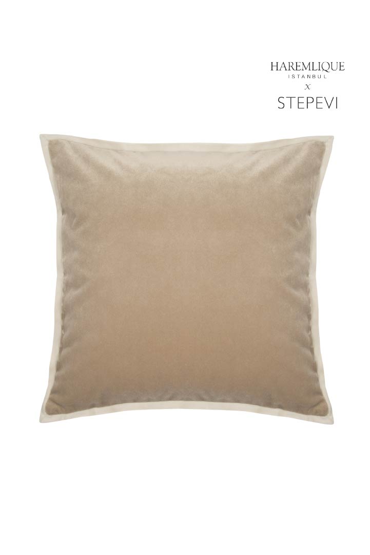 Velvet Piped Square Cushion - Camel & Cream