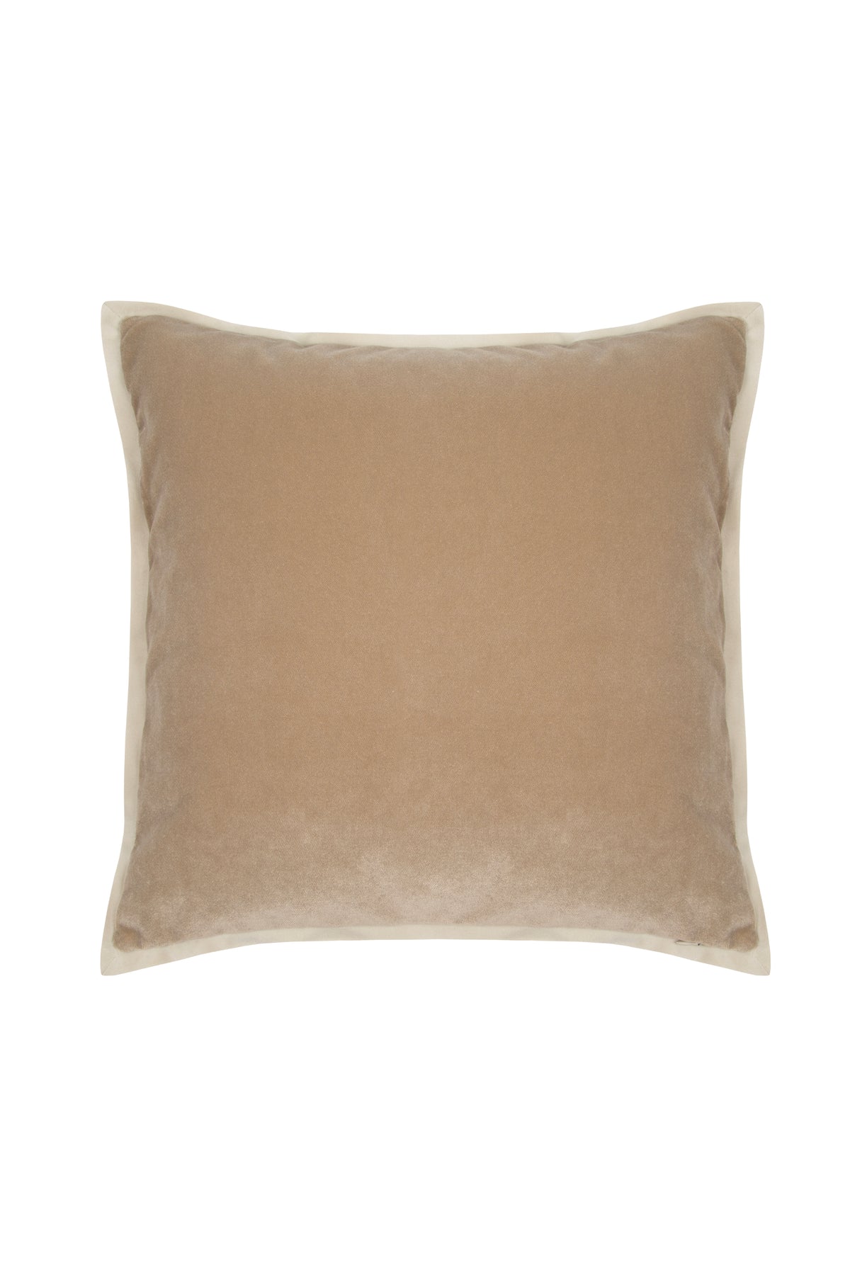 Camel velvet cushion with cream piping detail. Modern decorative pillow for living room or bedroom decor.