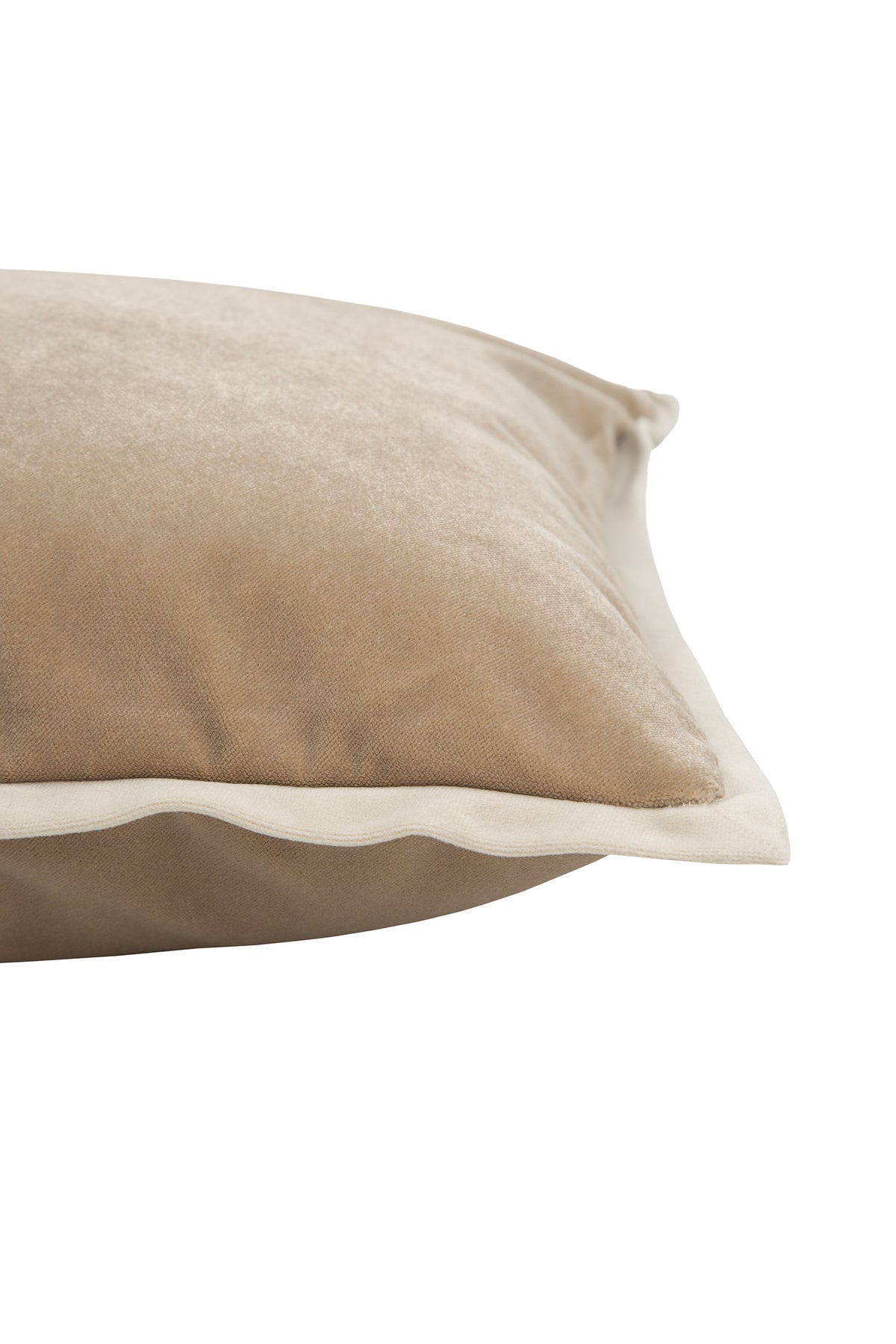Close-up of the Velvet Piped Square Cushion in camel and cream, showcasing fabric texture and piped edge detail.