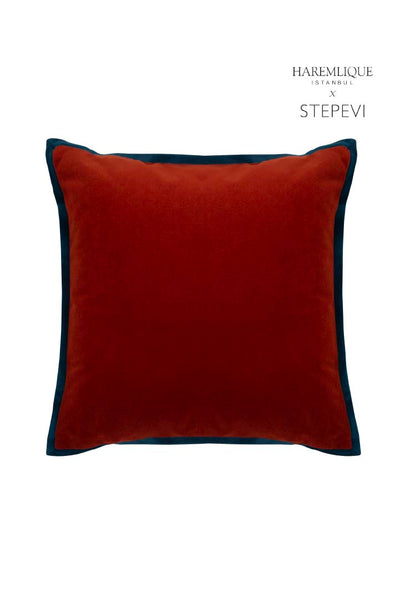 Red velvet square cushion with navy piping detail. HAREMLIQUE ISTANBUL X STEPEVI logo featured, showcasing designer