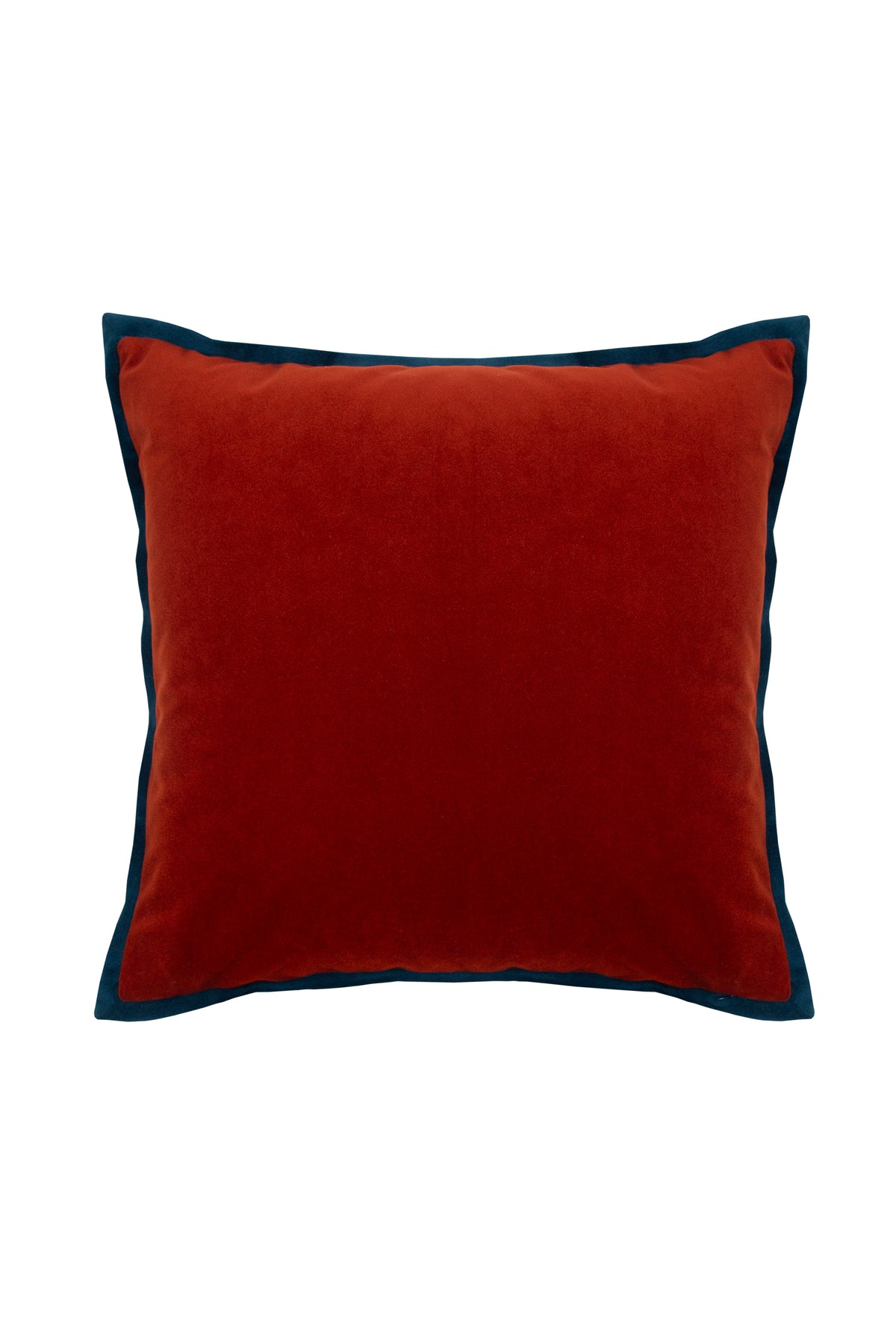 Red velvet cushion with navy piping. Luxurious throw pillow for sofa or bed decor.