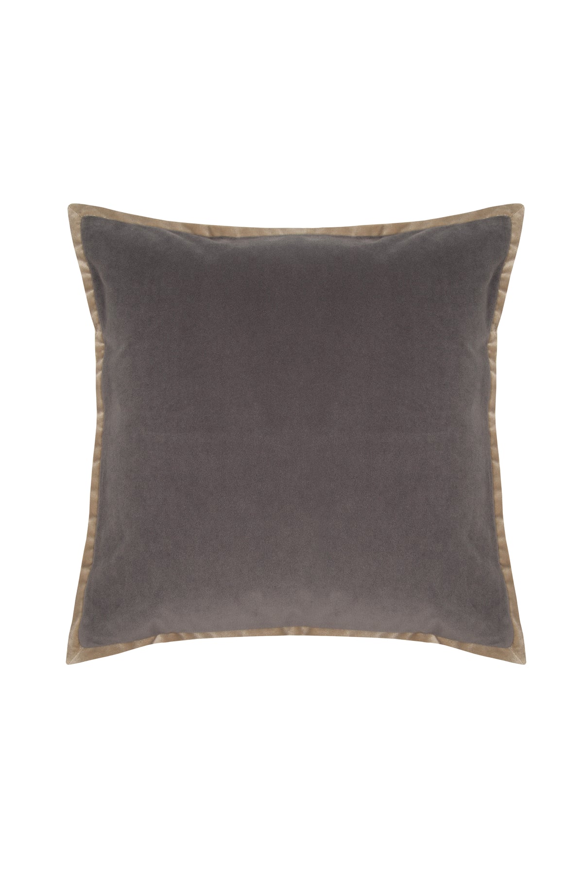 Gray velvet cushion with camel-colored piping detail. Decorative pillow for sofa, bedroom, or living room accent.