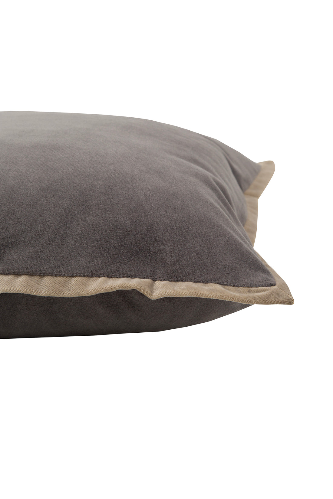 Gray velvet cushion with camel piping detail. Luxurious square pillow, perfect for adding a touch of elegance to your home