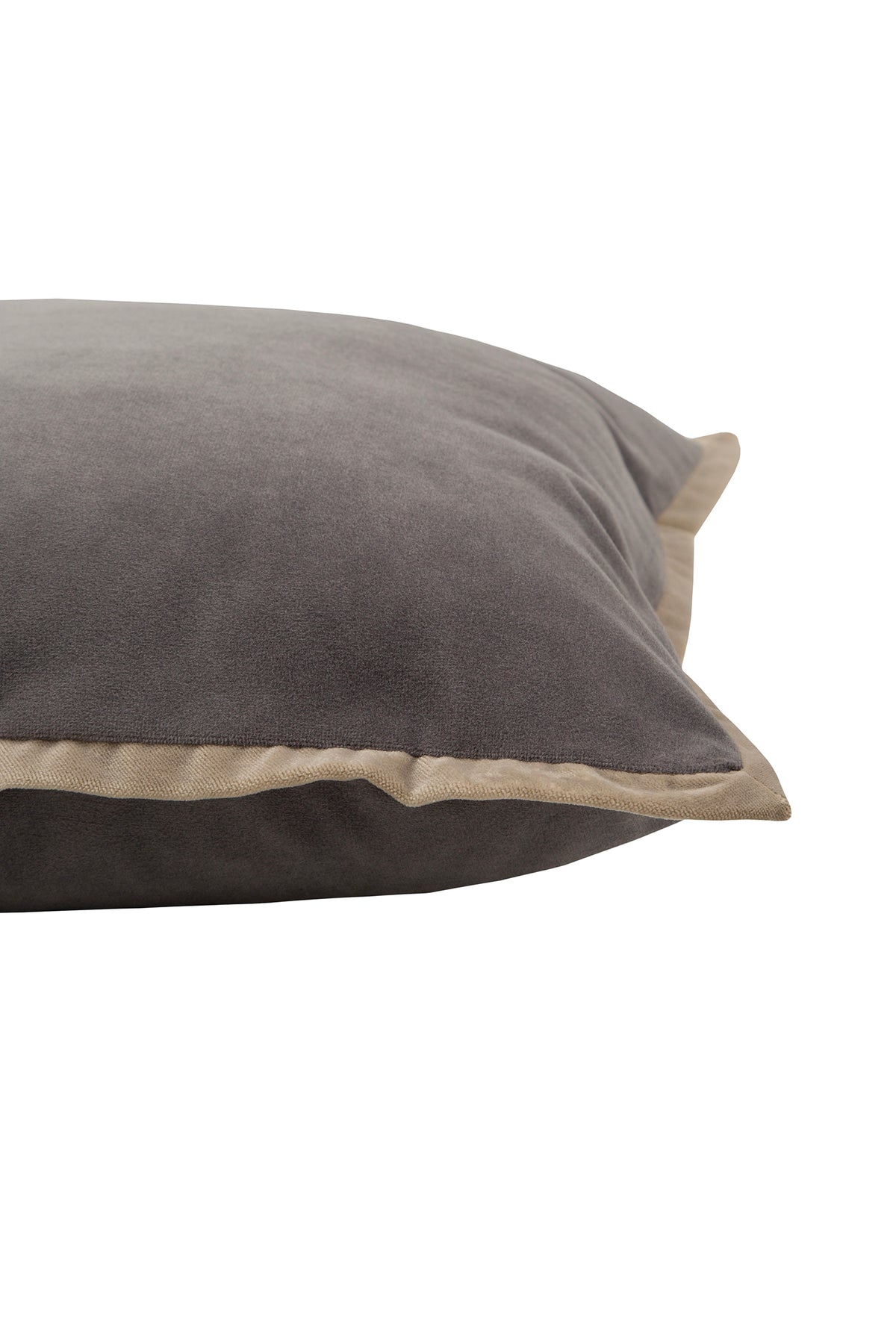 Close-up of gray velvet piped cushion with camel-colored trim. A soft, stylish accent pillow for sofas and beds.