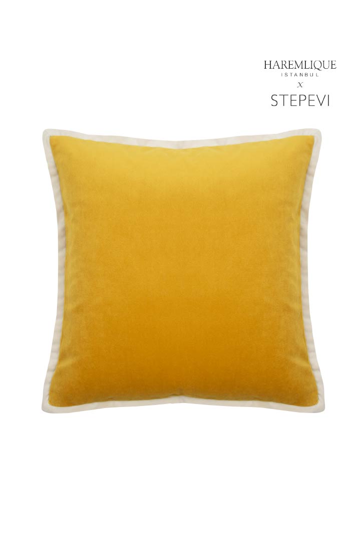 Velvet Piped Square Cushion - Yellow & Cream