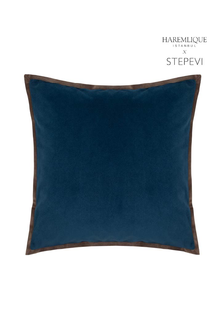 Velvet Piped Square Cushion - Navy & Brown