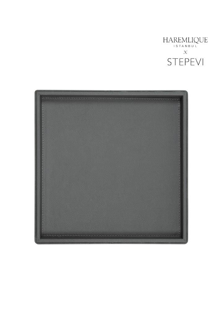 Large Square Faux Leather Tray – Gray