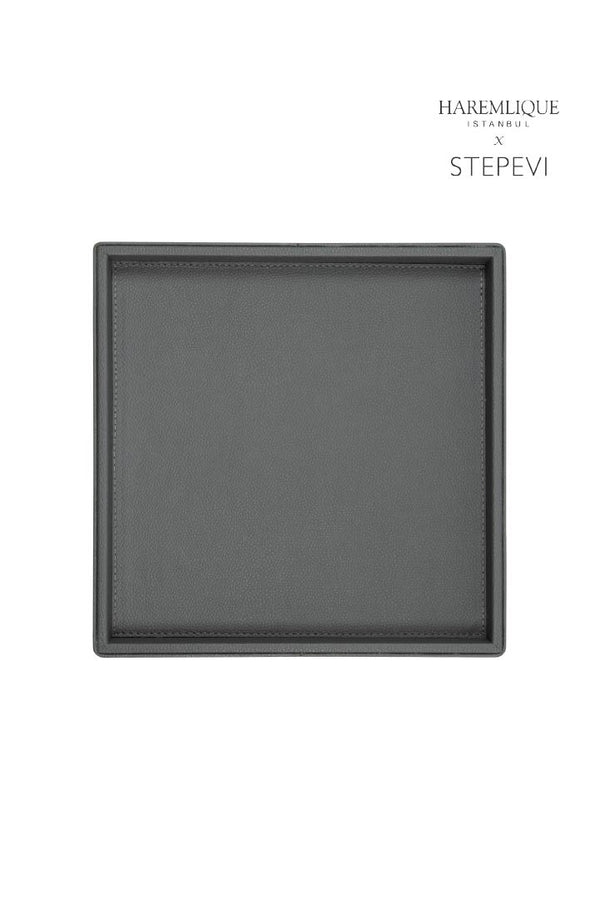 Medium Square Faux Leather Tray | Gray