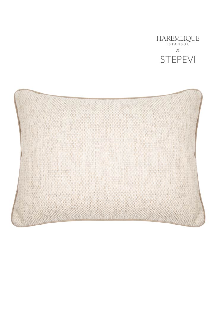 Faux Leather Cord Piped Woven Cushion – Beige & Brown