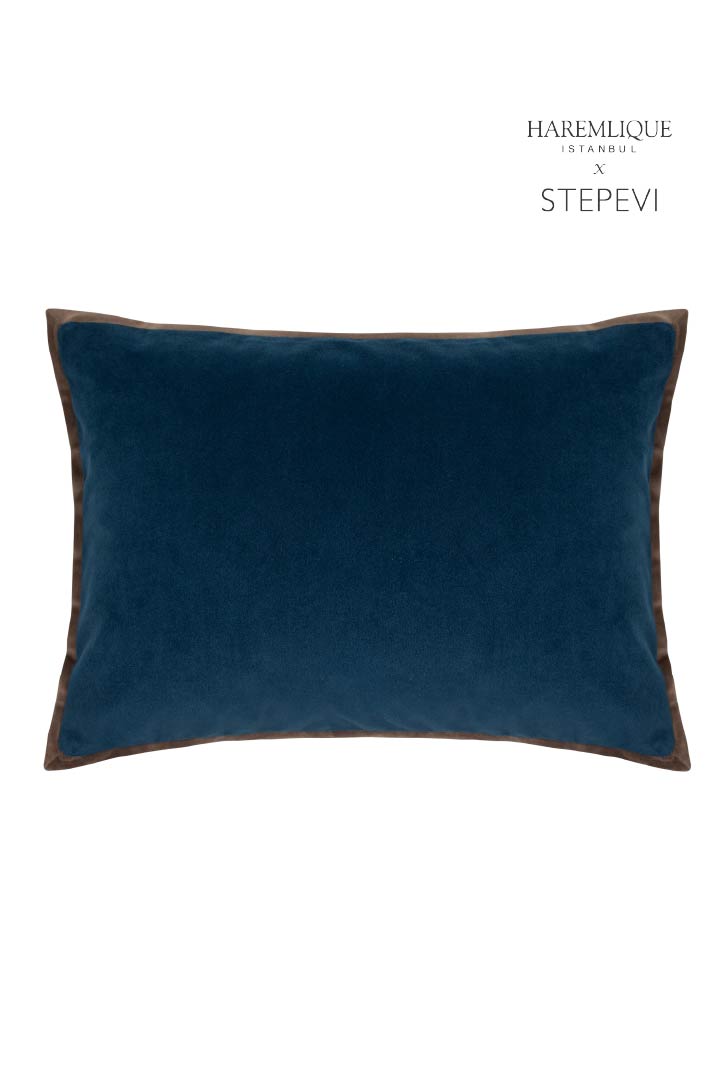 Velvet Piped Cushion - Navy & Brown