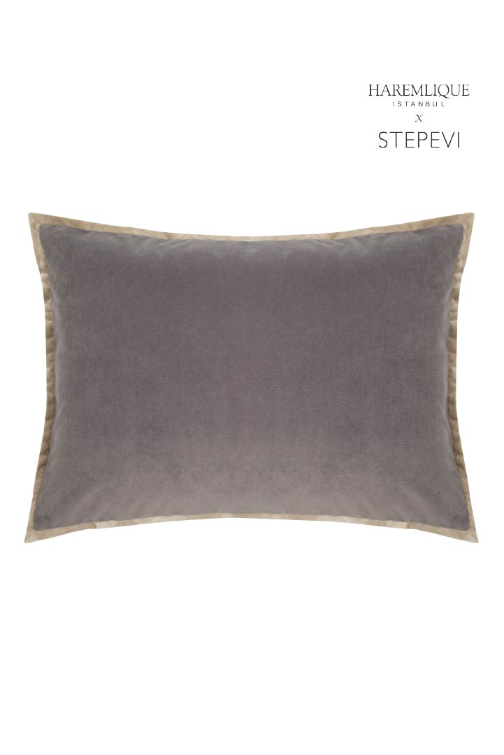 Velvet Piped Cushion - Gray & Camel