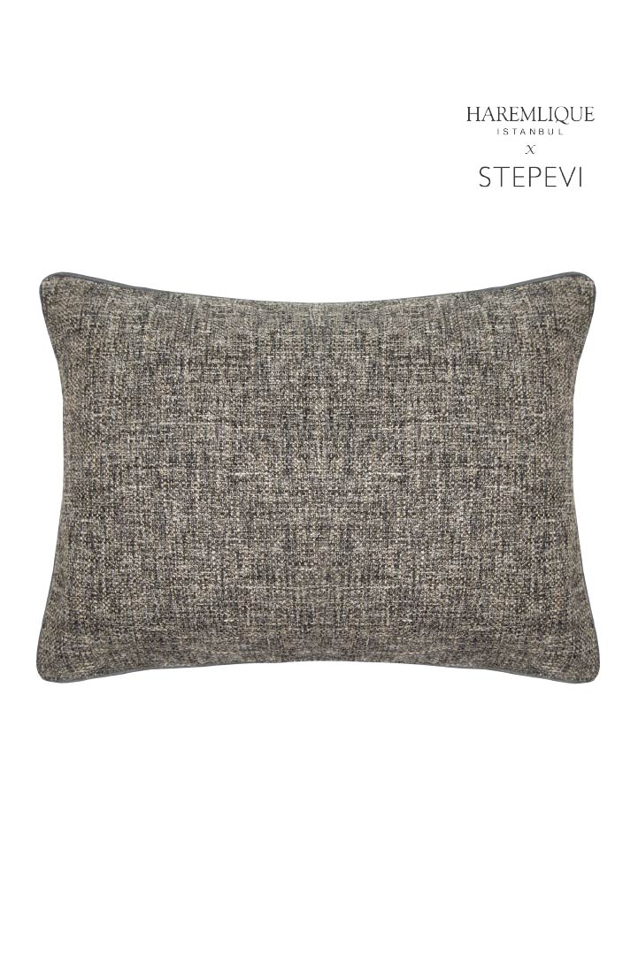 Faux Leather Cord Piped Woven Cushion - Anthracite & Gray