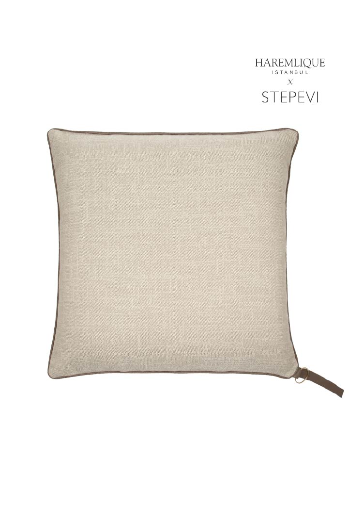 Faux Leather Cord Piped Woven Floor Cushion - Beige & Brown