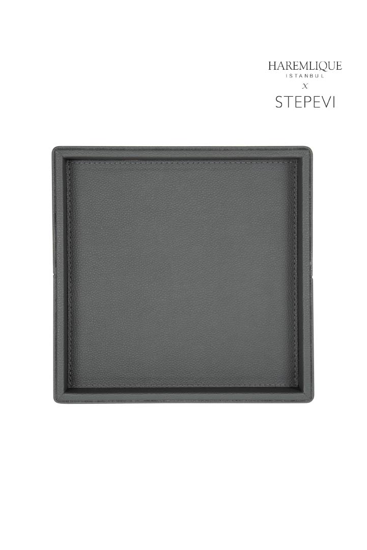 Small Square Faux Leather Tray – Gray