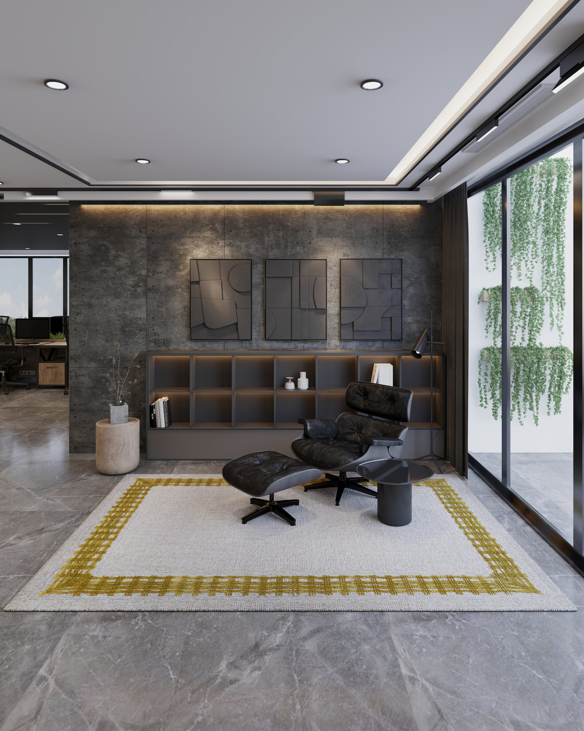 Showcasing the Framework Yellow rug in a modern living room setting with leather chair and concrete wall accent. thumbnail_2