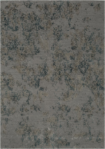 Primer plano de la textura de una alfombra en gris antiguo con motivos florales de encaje en azul laguna, ideal para una decoración elegante del hogar. thumbnail_1