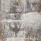 Abstract area rug design with a distressed pattern in shades of gray, white, brown and blue. Modern home decor.
