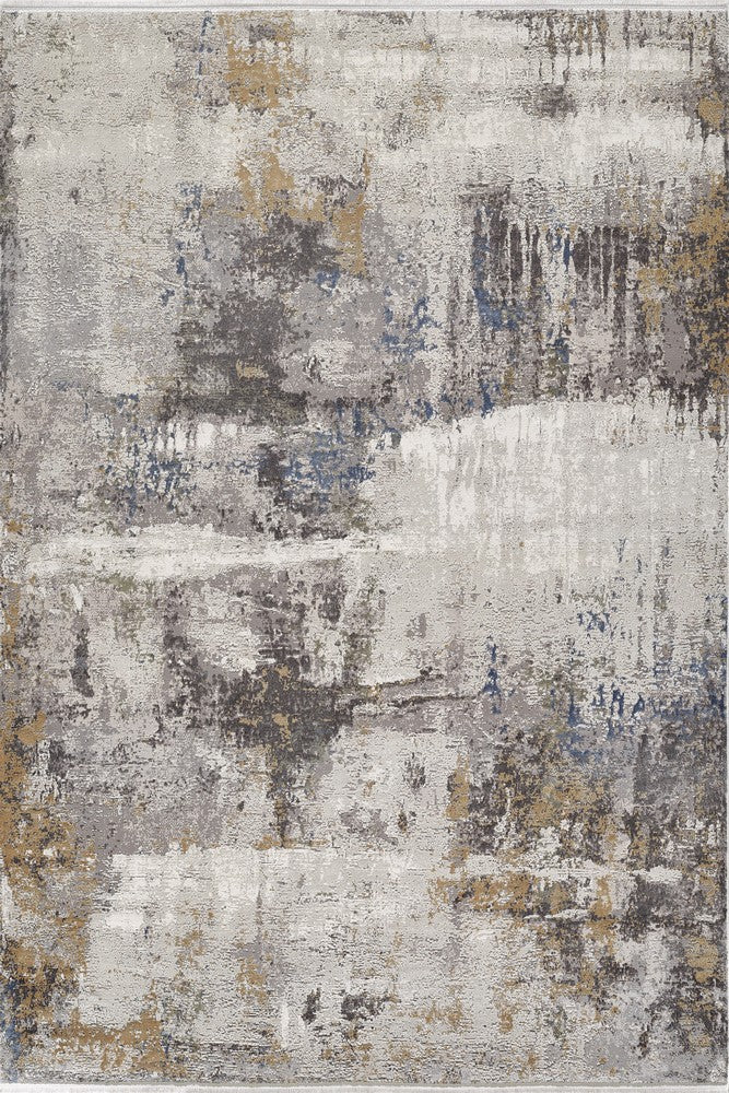 Abstract area rug design with a distressed pattern in shades of gray, white, brown and blue. Modern home decor.