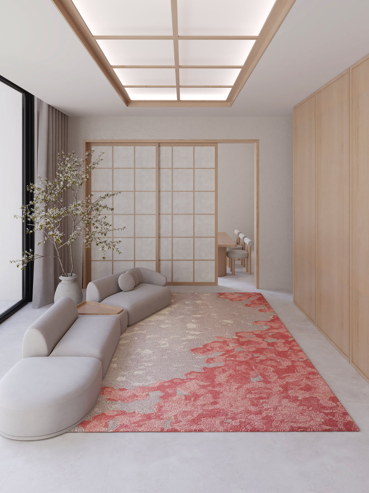 Sakura pink rug showcased in a modern living room with neutral furniture and Japanese-inspired design elements. thumbnail_2