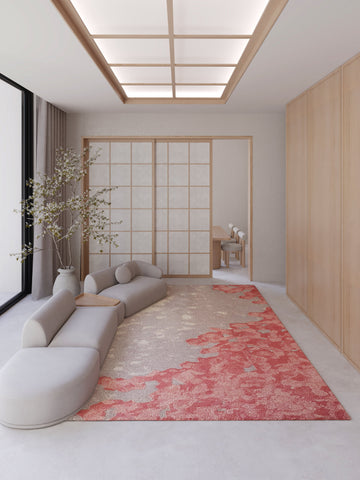 Sakura pink rug showcased in a modern living room with neutral furniture and Japanese-inspired design elements. thumbnail_2