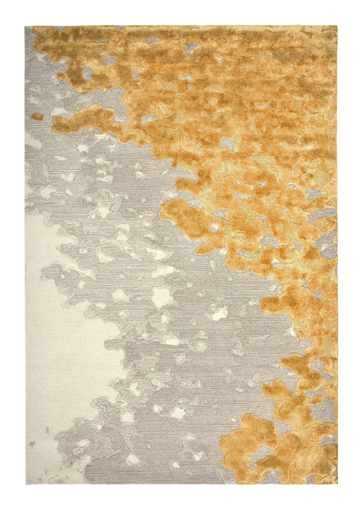 Textured area rug featuring a yellow abstract floral design on a neutral background. Sakura rug. thumbnail_1