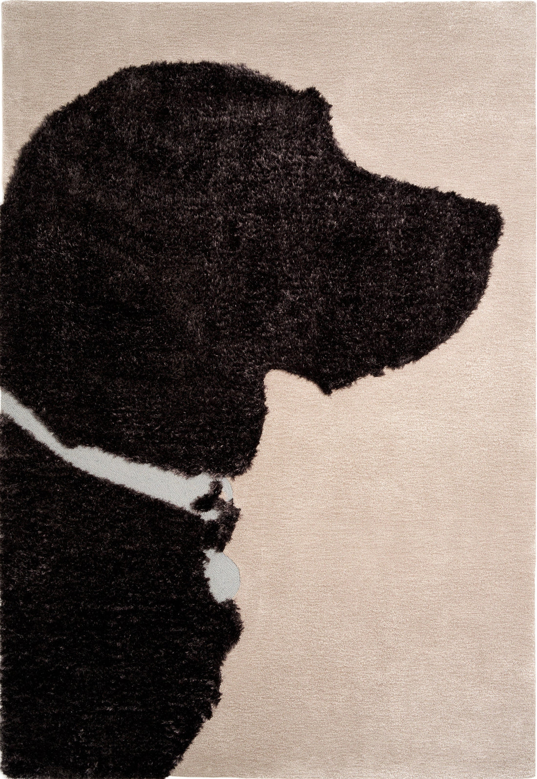 Rug with a black silhouette of a dog on a beige background