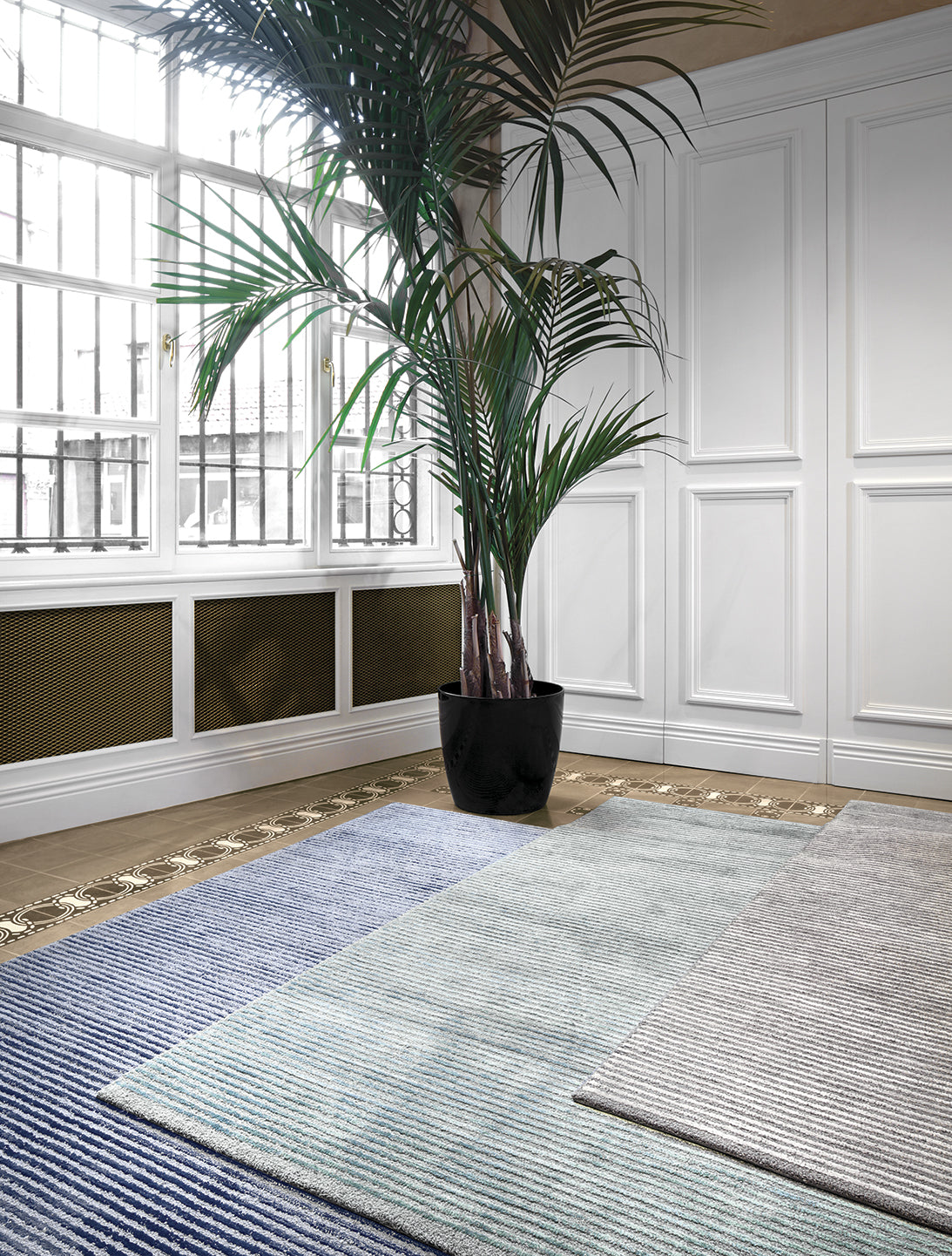 Navy blue Beam rug displayed in a stylish interior with a palm tree, showcasing its texture and design. thumbnail_3