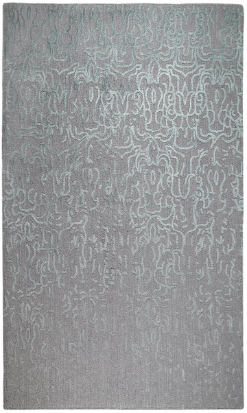 Alfombra en gris guijarro con un motivo abstracto en verde eucalipto. Revestimiento para el suelo ideal para la decoración del salón o el dormitorio. thumbnail_1