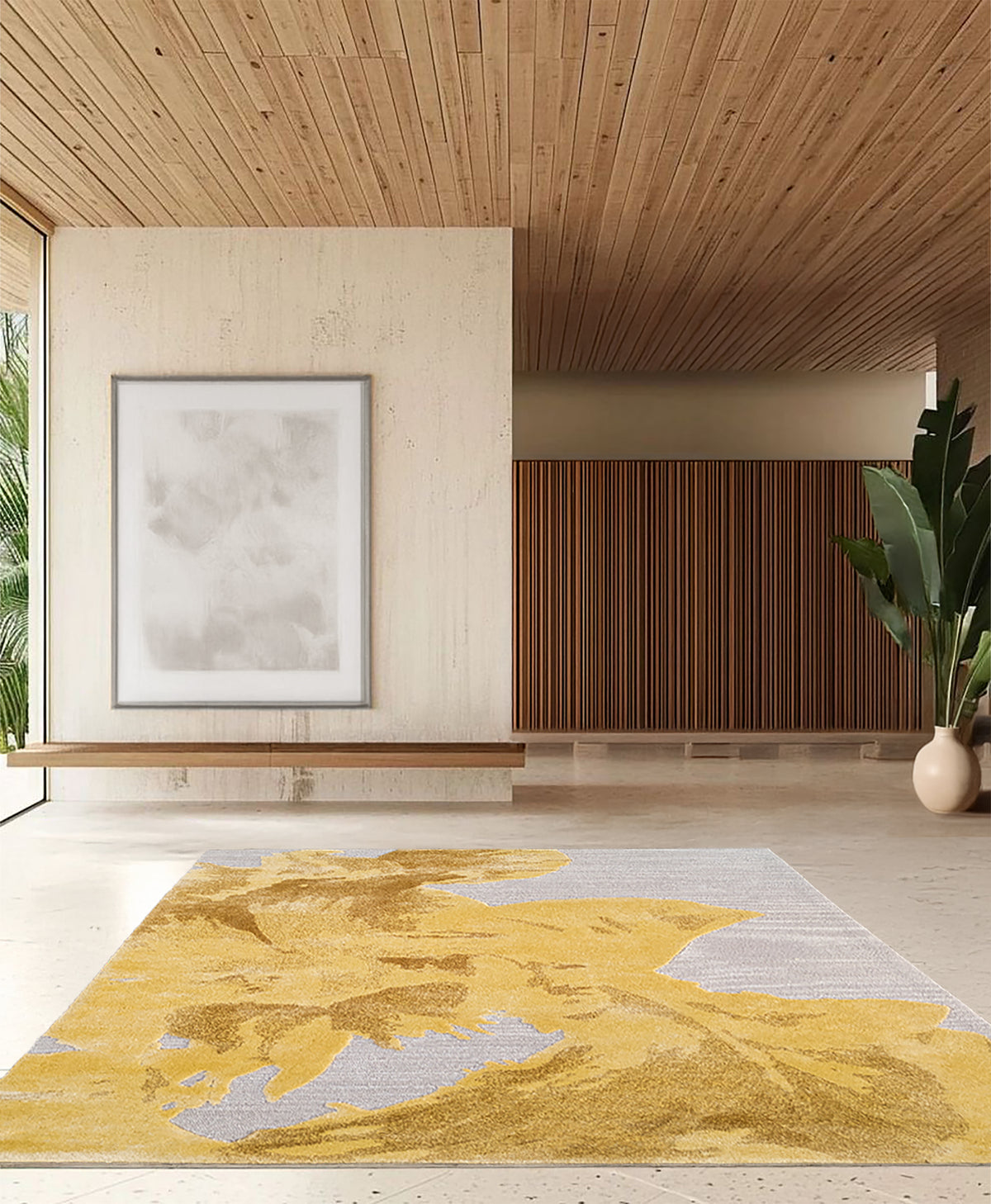 Interior scene showcasing the "Liz - Yellow" area rug with a golden, abstract design. Modern living room aesthetic. thumbnail_2