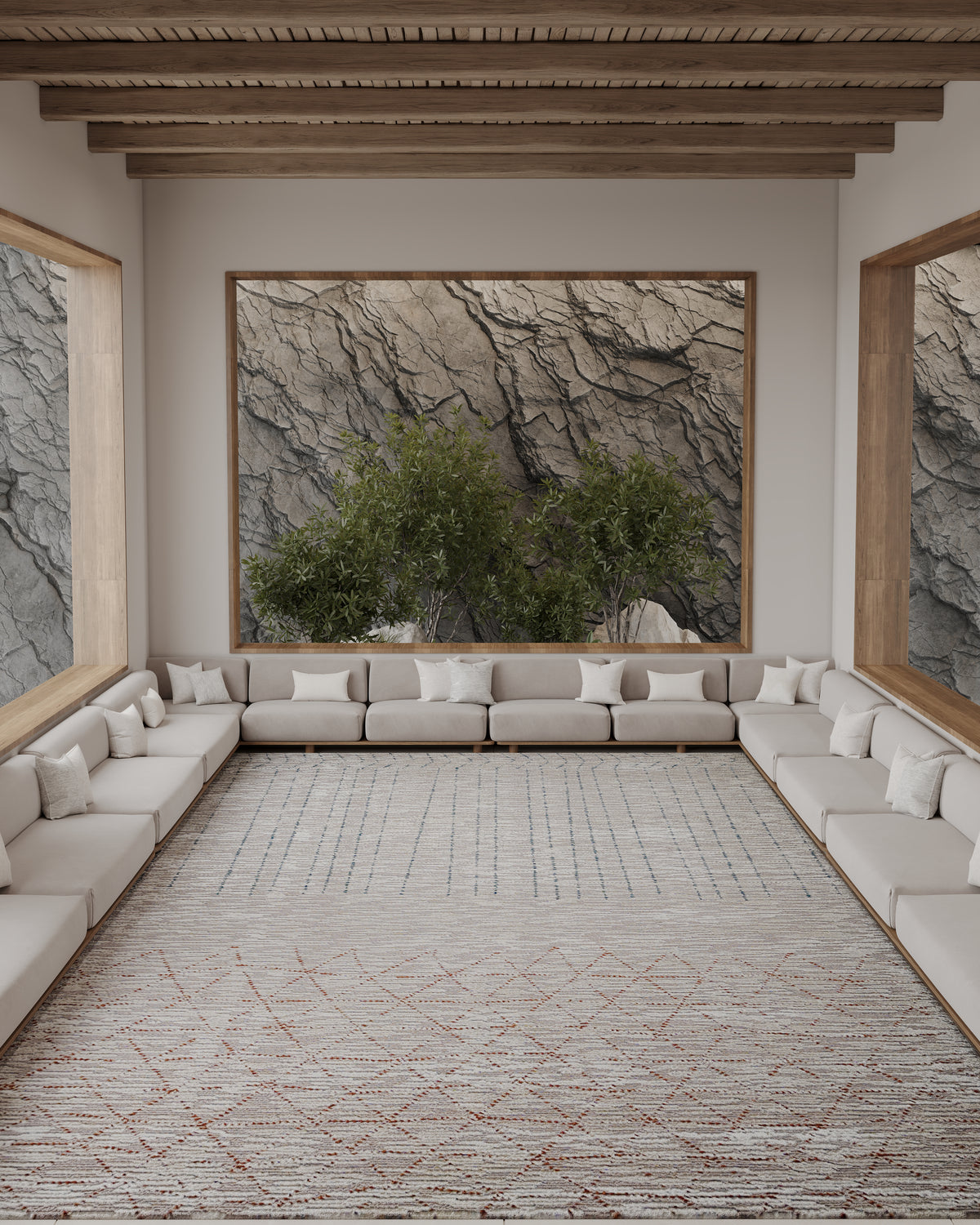 Blue nomad rug displayed in a modern living space with sofas, providing a comforting and stylish design. thumbnail_2
