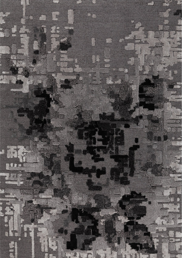 Textured black abstract pattern on the Pixel Rose rug. Contemporary rug design with pixelated floral motif. thumbnail_1