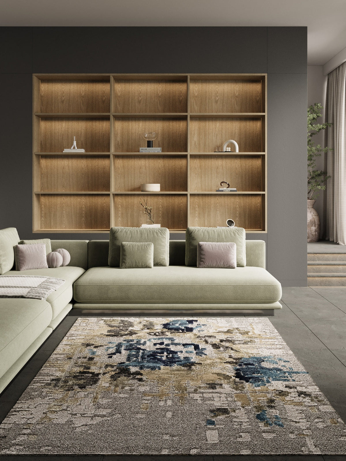 Living room showcasing the 'Pixel Rose - Cliff' rug with its abstract design and muted colors, complementing the modern 