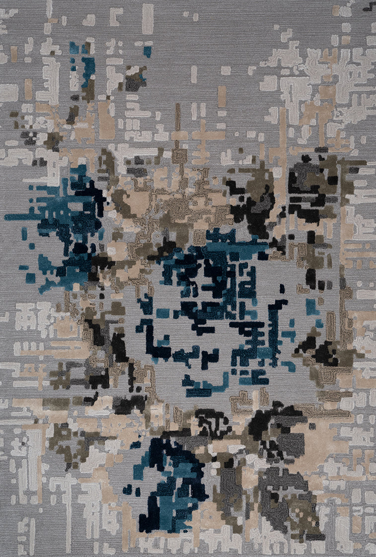 Abstract Pixel Rose area rug in Cliff, a modern accent floor covering with a unique blend of gray, blue and beige hues. thumbnail_1