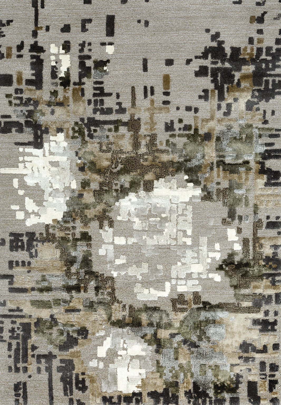 Cool Cream Pixel Rose rug showcasing a modern, abstract pattern with gray, black, and cream hues. thumbnail_1