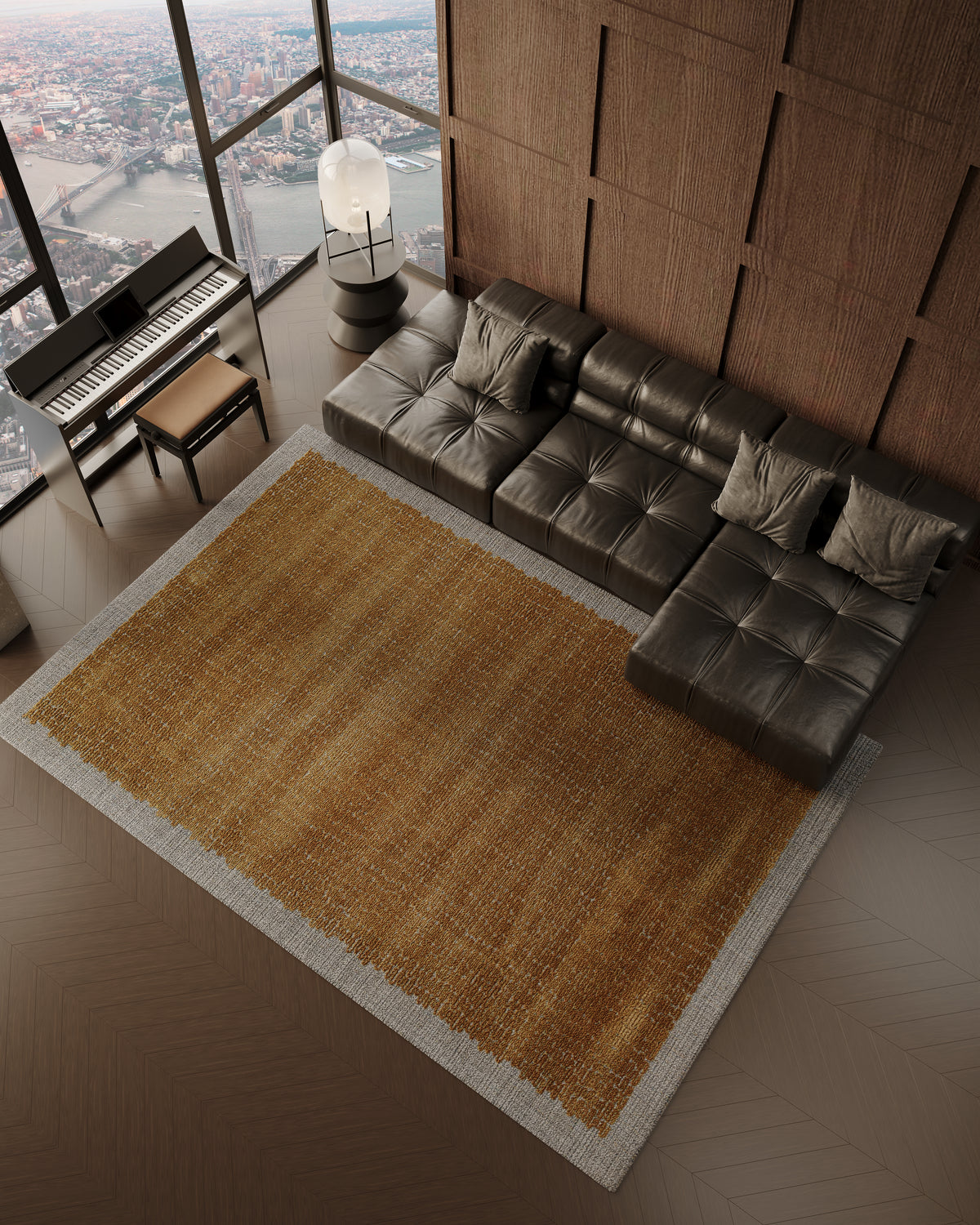 Room scene featuring the "Scribble - Yellow" rug, complementing a modern living area with a leather sofa and city view. thumbnail_7